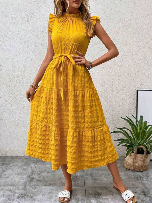 Tied Ruffled Cap Sleeve Midi Dress - Trendsi - Flyclothing LLC