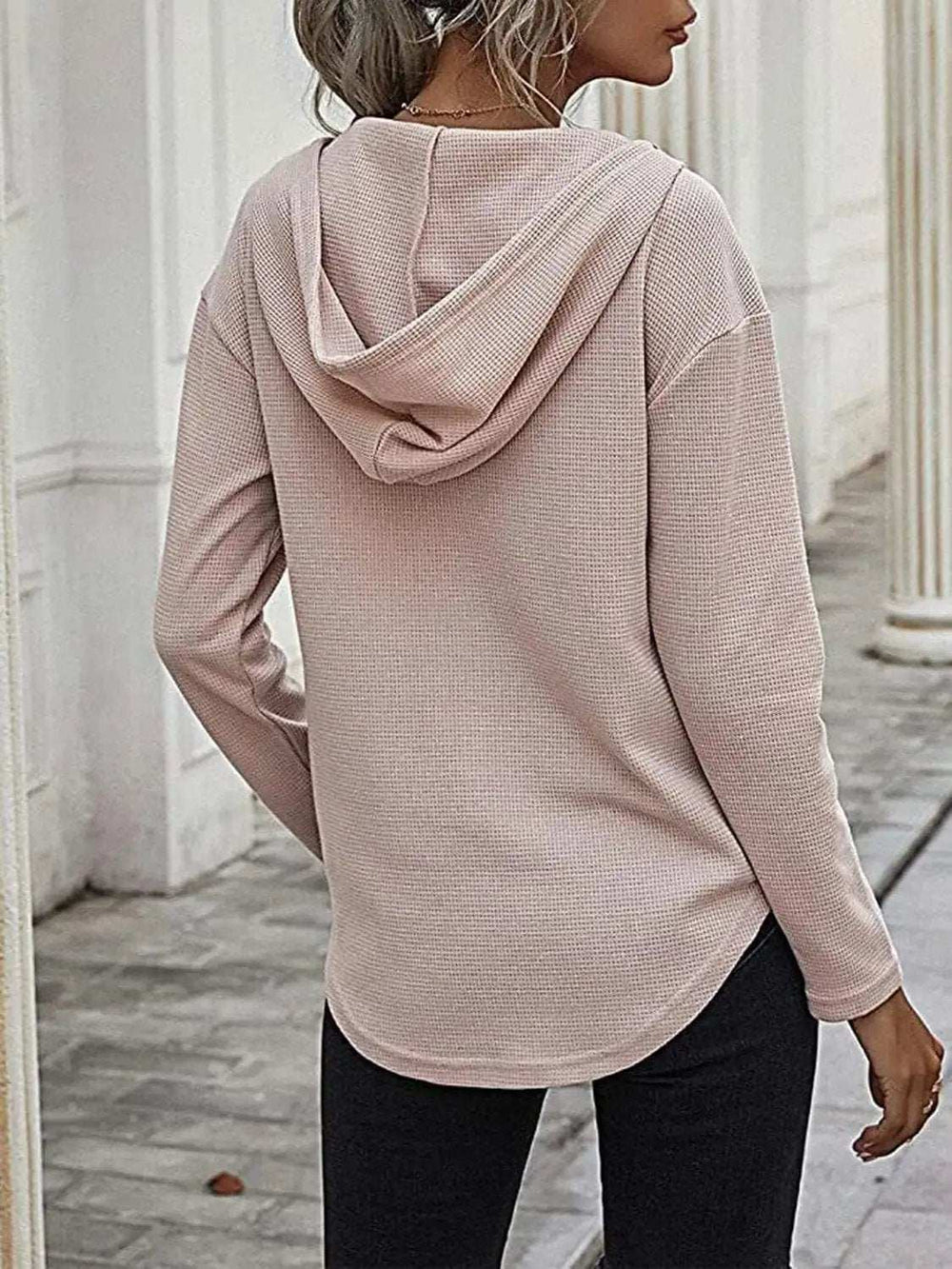 Drawstring Waffle Knit Long Sleeve Hooded Top - Trendsi - Flyclothing LLC