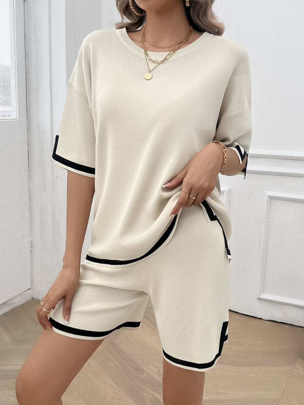 Contrast Trim Round Neck Top and Shorts Set - Trendsi - Flyclothing LLC