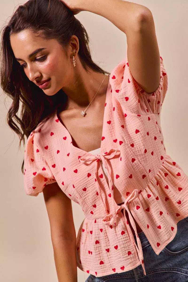 SO ME All Over Heart Ribbon Tie Baby Doll Valentine Blouse - Trendsi - Flyclothing LLC