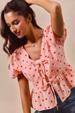 SO ME All Over Heart Ribbon Tie Baby Doll Valentine Blouse - Trendsi - Flyclothing LLC