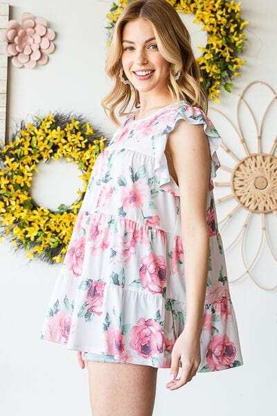 Heimish Full Size Butterfly Short Sleeve Round Neck Floral Print Tiered Top Plus Size - Trendsi - Flyclothing LLC