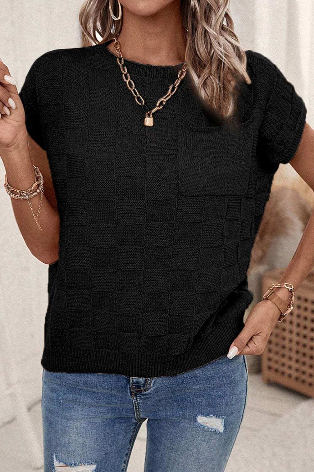 Pocketed Checkered Round Neck Knit Top - Trendsi - Flyclothing LLC