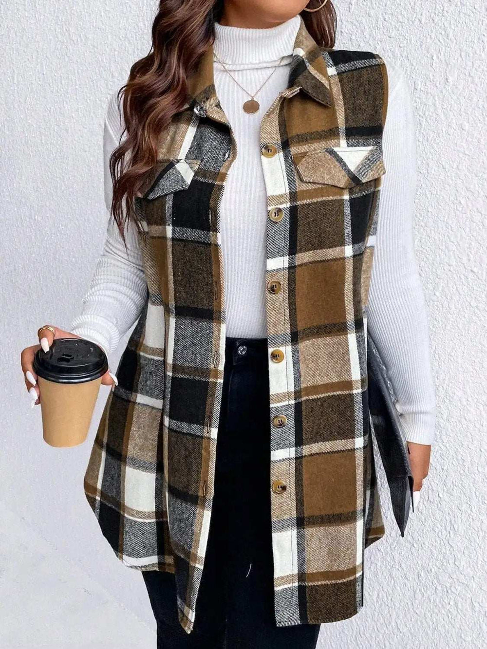 Honey Plus Size Pocketed Plaid Button Up Vest Coat - Trendsi - Flyclothing LLC