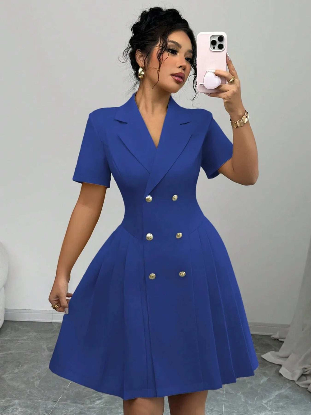 Double-Breasted Short Sleeve Dress - Trendsi - Flyclothing LLC