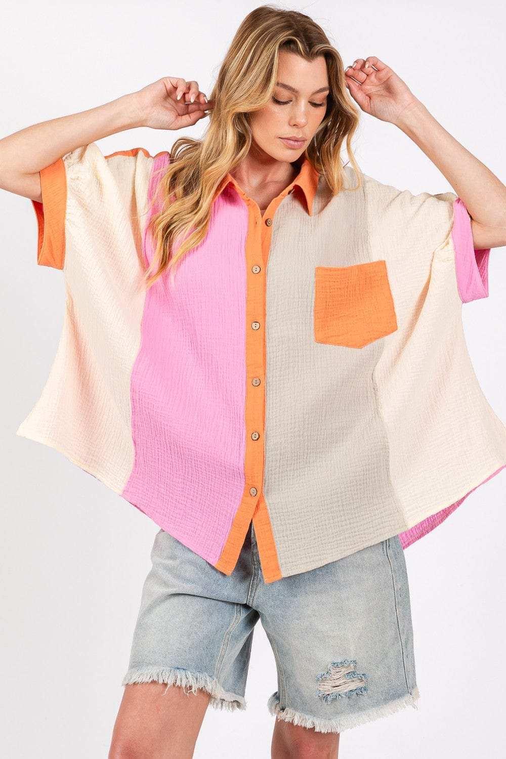 SAGE + FIG Full Size Color Block Button-Down Shirt - Trendsi - Flyclothing LLC