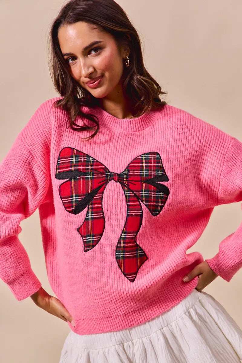 SO ME Checker Plaid Ribbon Christmas Holiday Sweater - Trendsi - Flyclothing LLC
