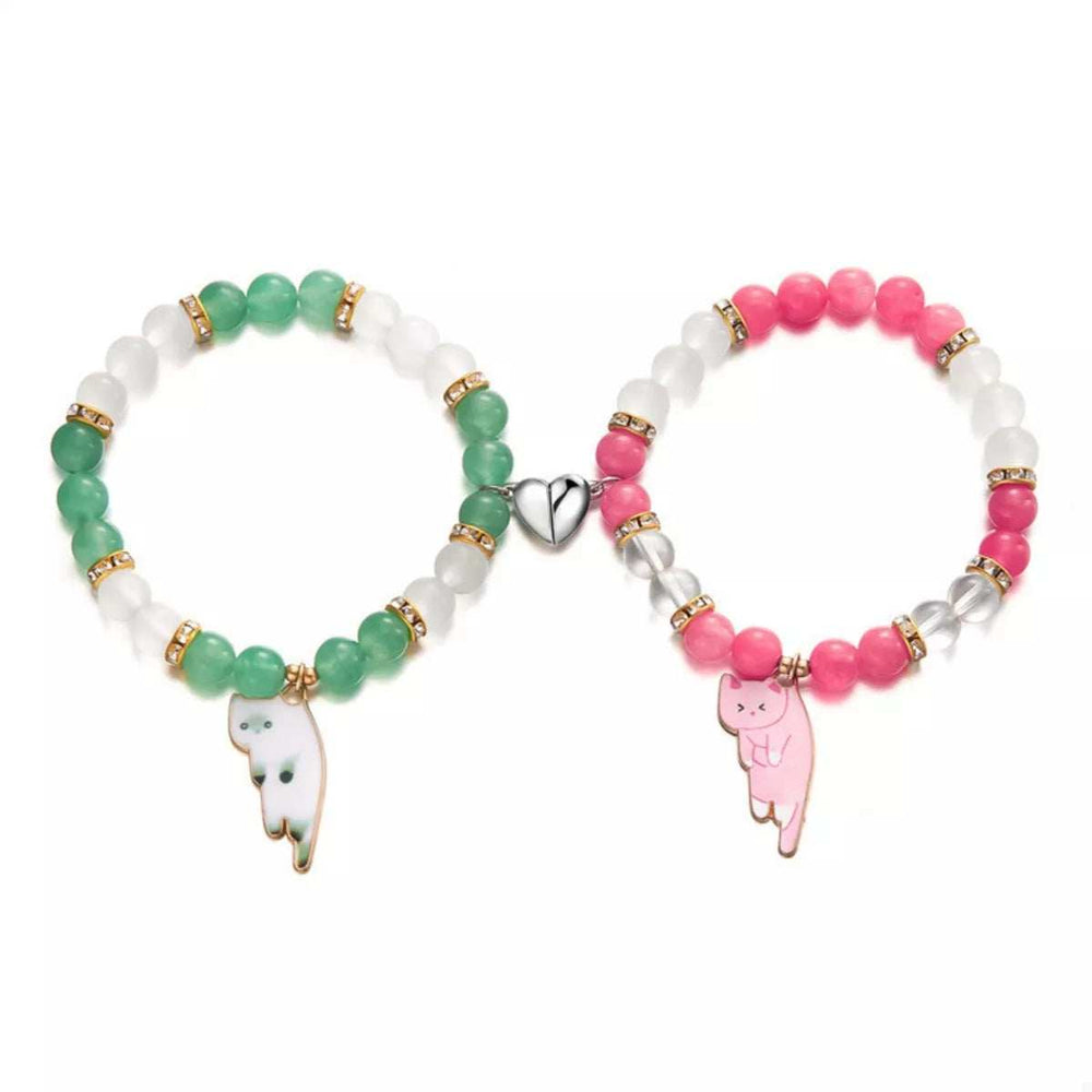 2 Piece Beaded Cat Charm Bracelet - Trendsi - Flyclothing LLC