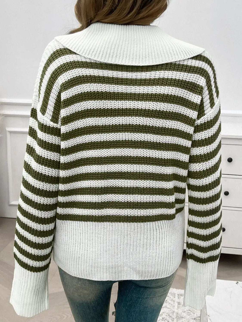 Striped Collared Neck Long Sleeve Sweater - Trendsi - Flyclothing LLC
