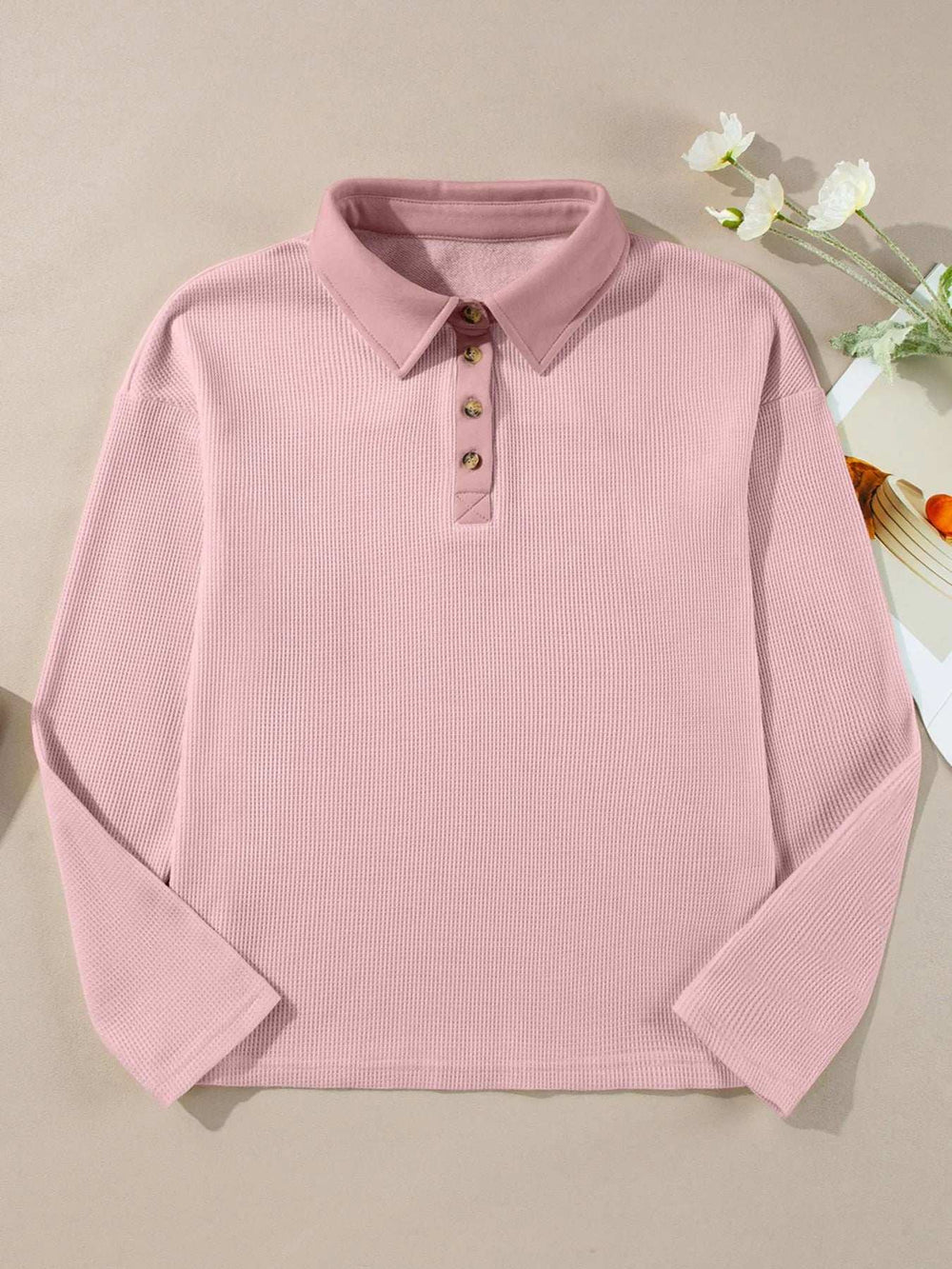 Long Sleeve Thermal Knit Polo Top - Trendsi - Flyclothing LLC