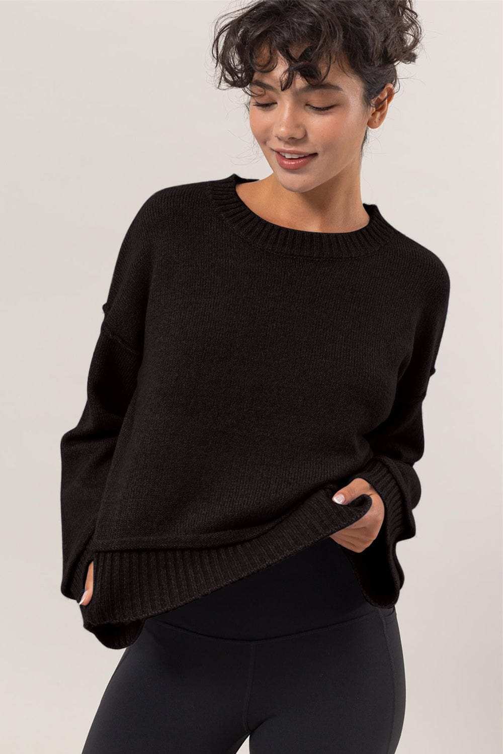 HYFVE Round Neck Dropped Shoulder Ribbed Sweater - Trendsi - Flyclothing LLC
