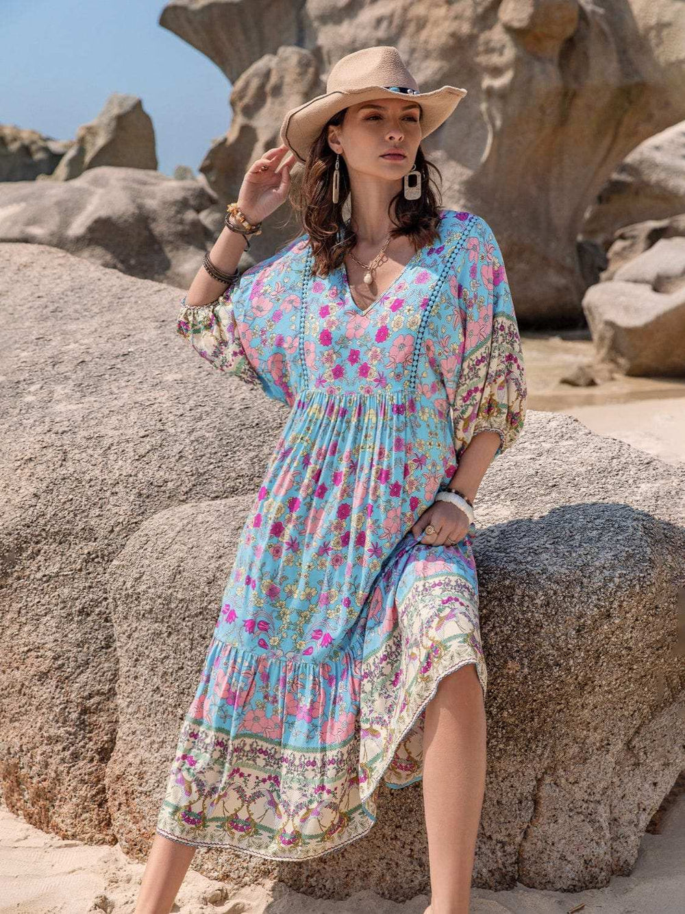 Printed Puff Sleeve Ruched Midi Dress - Trendsi - Flyclothing LLC