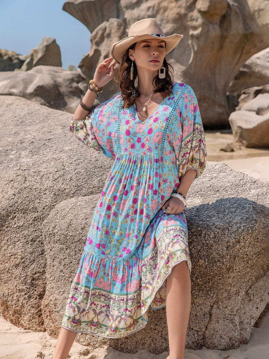 Printed Puff Sleeve Ruched Midi Dress - Trendsi - Flyclothing LLC
