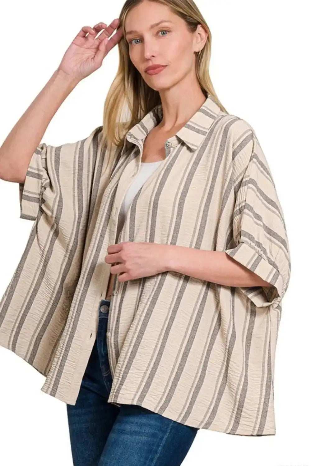 Zenana Woven Yarn-Dye Stripe Oversized Button Down Shirt - Trendsi - Flyclothing LLC