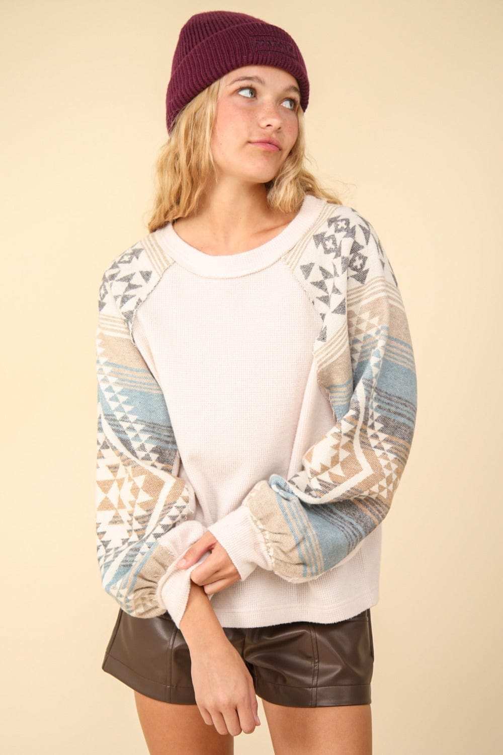 VERY J Printed Long Sleeve Round Neck Knit Top - Trendsi - Flyclothing LLC