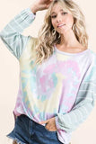 BiBi Tie Dye Terry Top with Wide Stripe Thermal Waffle - Trendsi - Flyclothing LLC