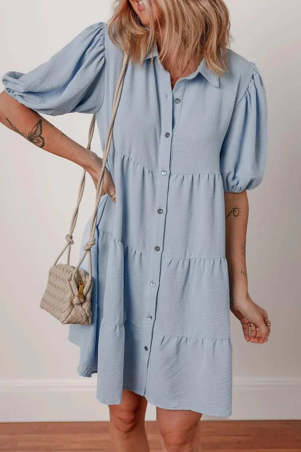 Button Up Puff Sleeve Tiered Shirt Dress - Trendsi - Flyclothing LLC