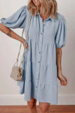 Button Up Puff Sleeve Tiered Shirt Dress - Trendsi - Flyclothing LLC