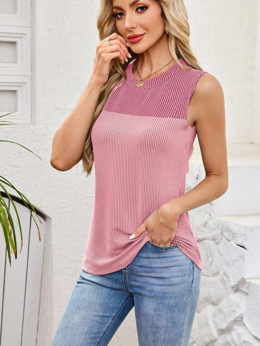 Textured Round Neck Tank - Trendsi - Flyclothing LLC
