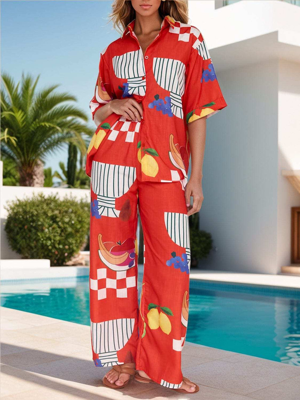 Printed Dropped Shoulder Top and Wide Leg Pants Set - Trendsi - Flyclothing LLC