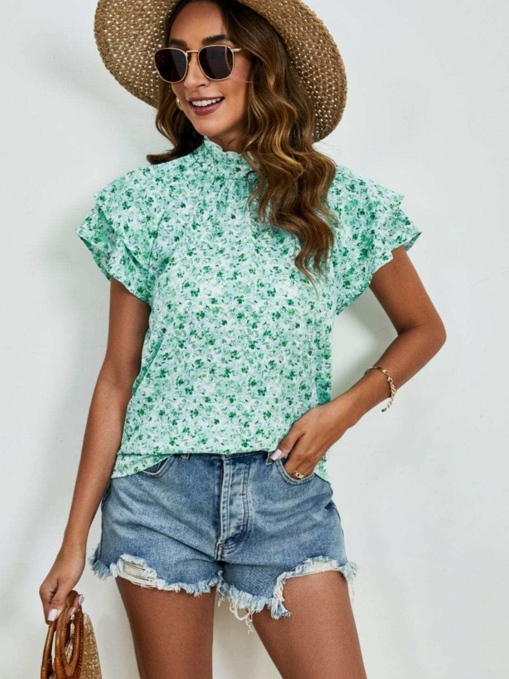 Ditsy Floral Mock Neck Flounce Sleeve Blouse - Trendsi - Flyclothing LLC