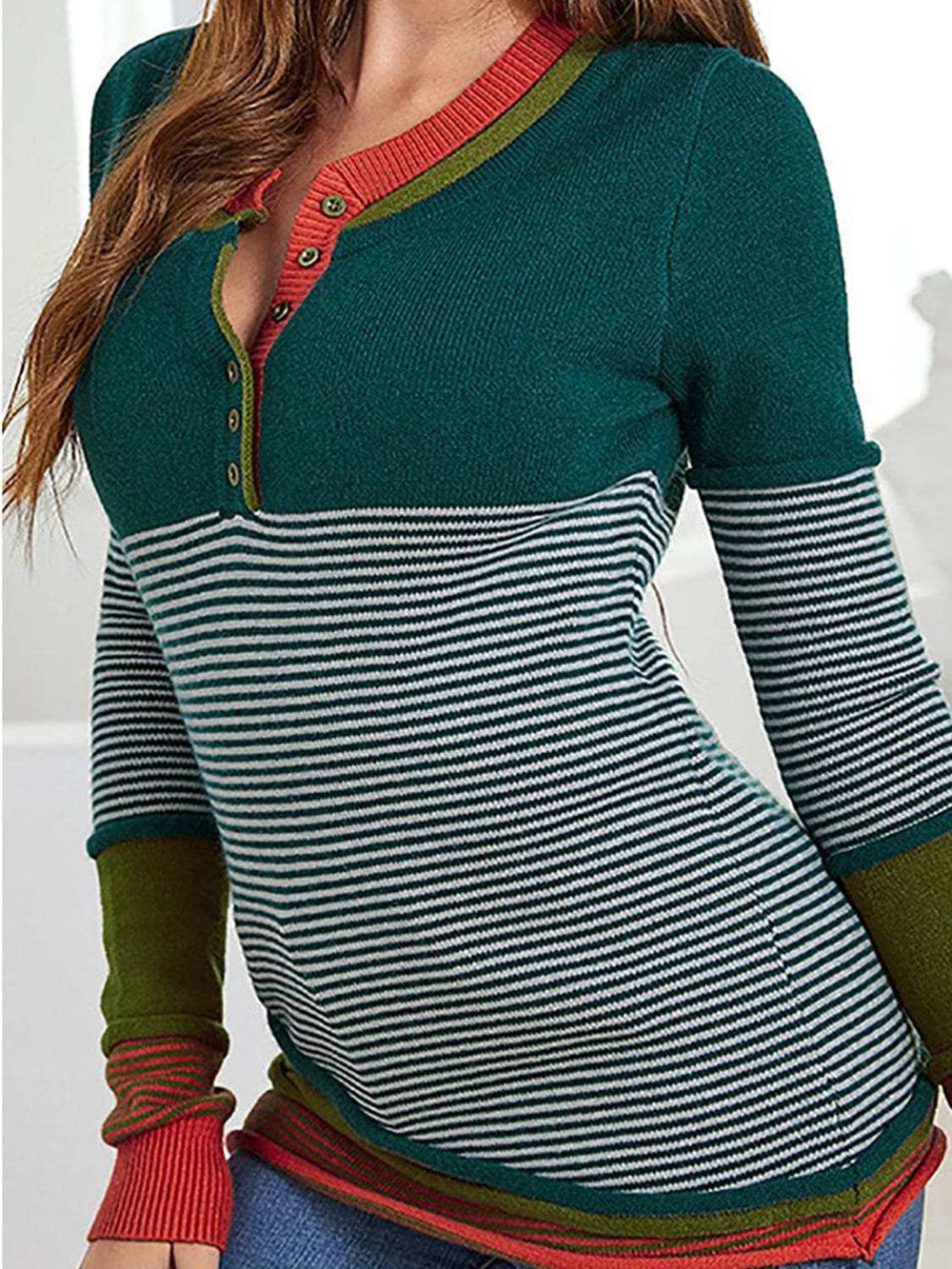 Striped Contrast Notched Long Sleeve Sweater - Trendsi - Flyclothing LLC