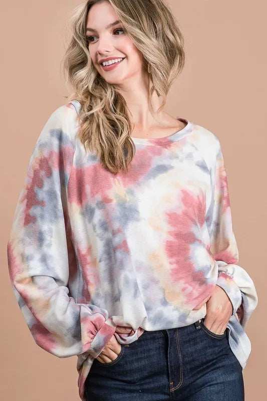 BiBi Tie Dye Print Terry Top With Puff Sleeves - Trendsi - Flyclothing LLC