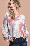BiBi Tie Dye Print Terry Top With Puff Sleeves - Trendsi - Flyclothing LLC