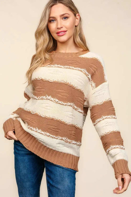 Haptics Striped Contrast Distressed Sweater - Trendsi - Flyclothing LLC