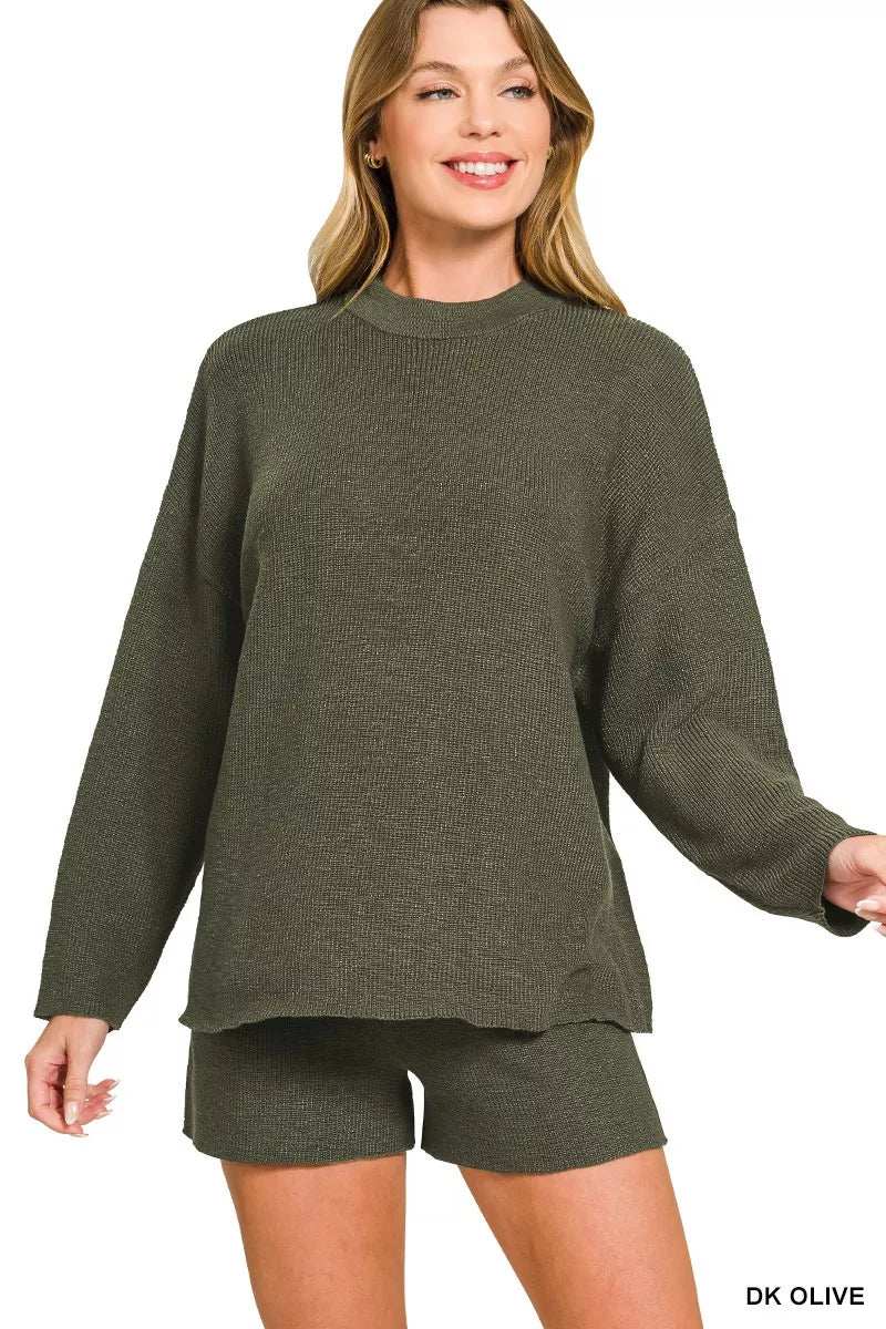 Zenana Round Neck Knit Top and Shorts Sweater Set - Trendsi - Flyclothing LLC