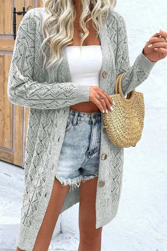 Openwork Button Down Long Sleeve Cardigan - Trendsi - Flyclothing LLC