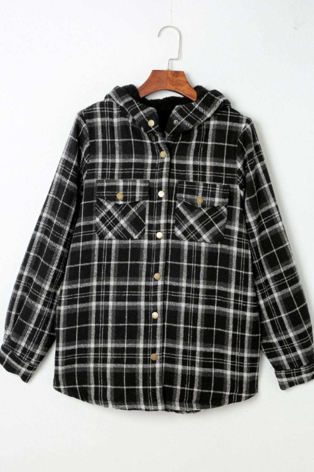 Plaid Button Up Long Sleeve Hooded Jacket - Trendsi - Flyclothing LLC
