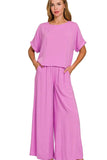 Zenana Round Neck T-Shirt and Wide Leg Pants Set - Trendsi - Flyclothing LLC