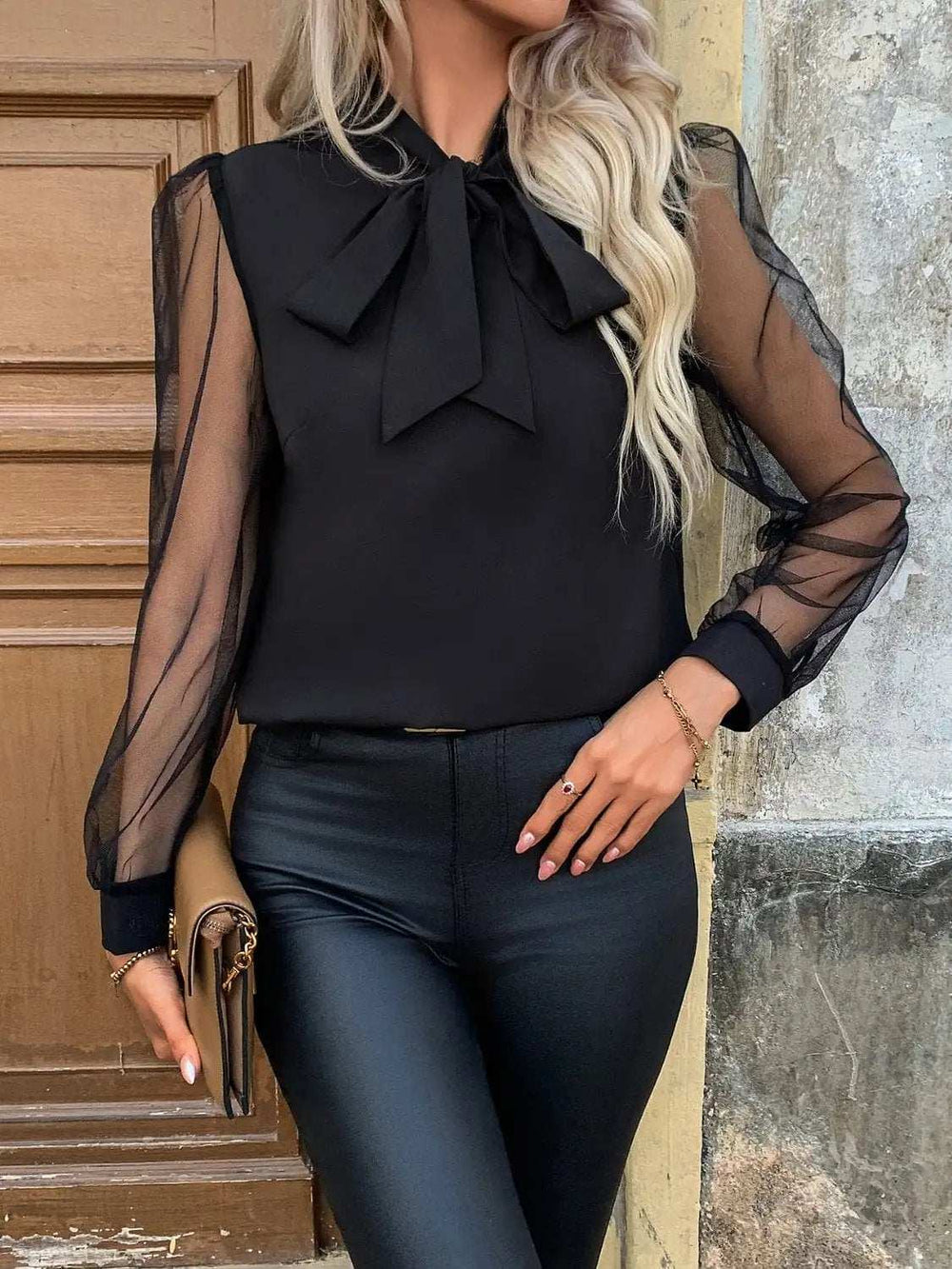 Tie Neck Long Sleeve Blouse - Trendsi - Flyclothing LLC