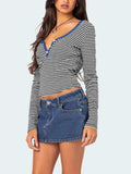 Buttoned Striped Long Sleeve T-Shirt - Trendsi - Flyclothing LLC