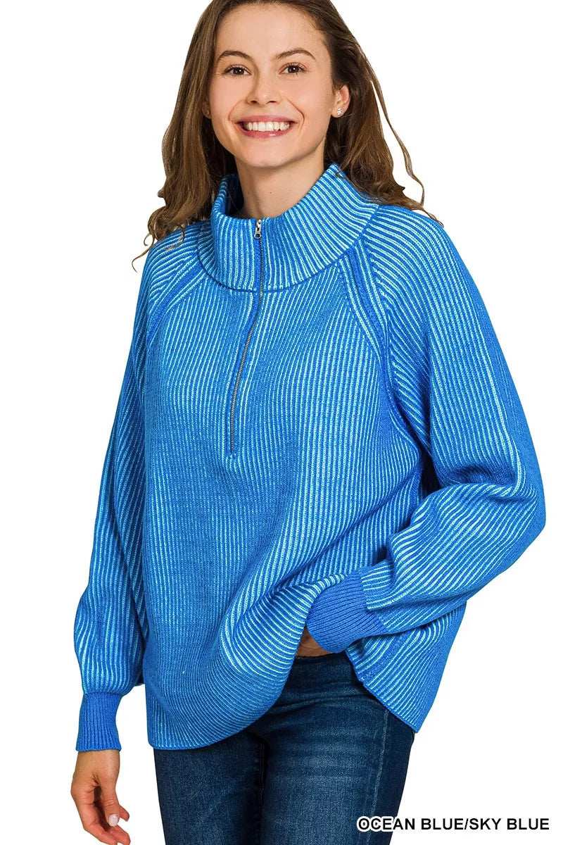 Zenana Ribbed Two Tone Half Zip Sweater - Trendsi - Flyclothing LLC