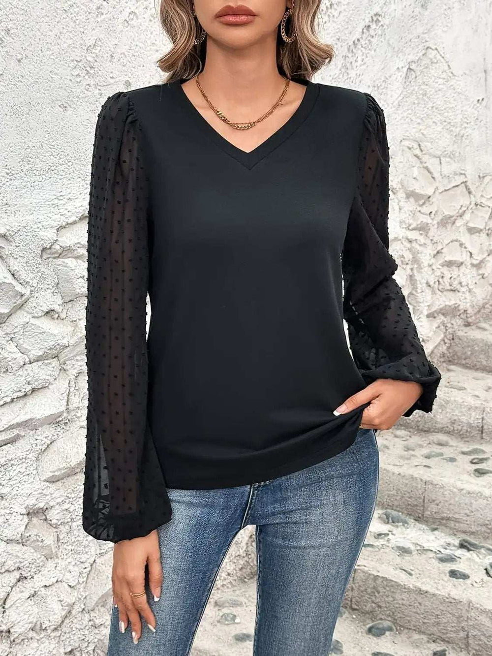 Full Size V-Neck Swiss Dot Long Sleeve Blouse - Trendsi - Flyclothing LLC