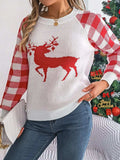 Reindeer Plaid Round Neck Long Sleeve Sweater - Trendsi - Flyclothing LLC