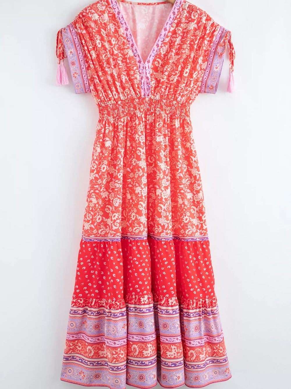 Floral Print Tasseled Tied Sleeve Empire Waist Dress - Trendsi - Flyclothing LLC