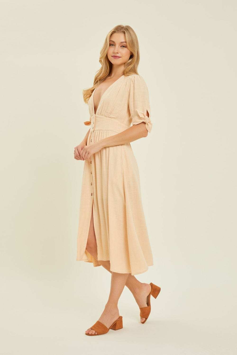 HEYSON Full Size Textured Linen V-Neck Button-Down Midi Dress - Trendsi - Flyclothing LLC