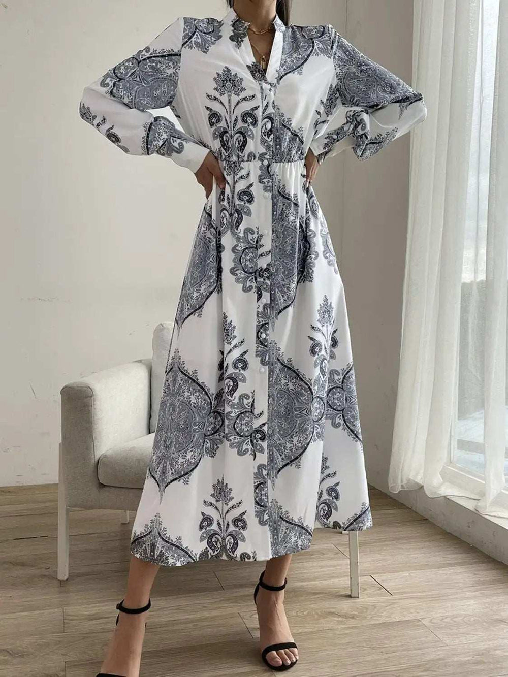 Printed Notched Lantern Sleeve Midi Dress - Trendsi - Flyclothing LLC
