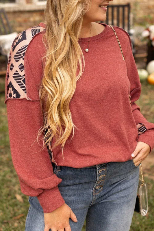 Plus Size Geometric Round Neck Long Sleeve Sweatshirt - Trendsi - Flyclothing LLC