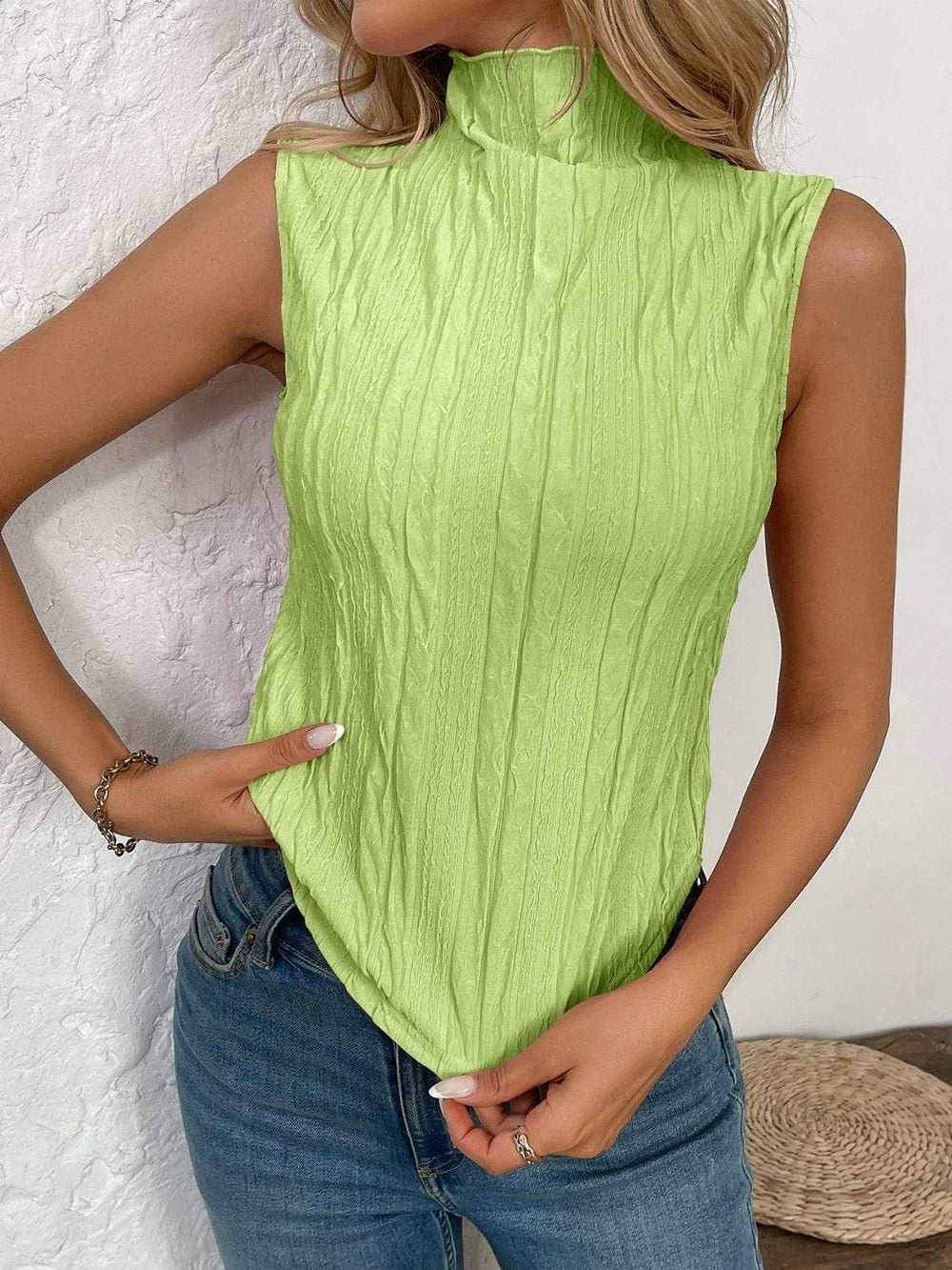 Texture Turtleneck Sleeveless Top - Trendsi - Flyclothing LLC