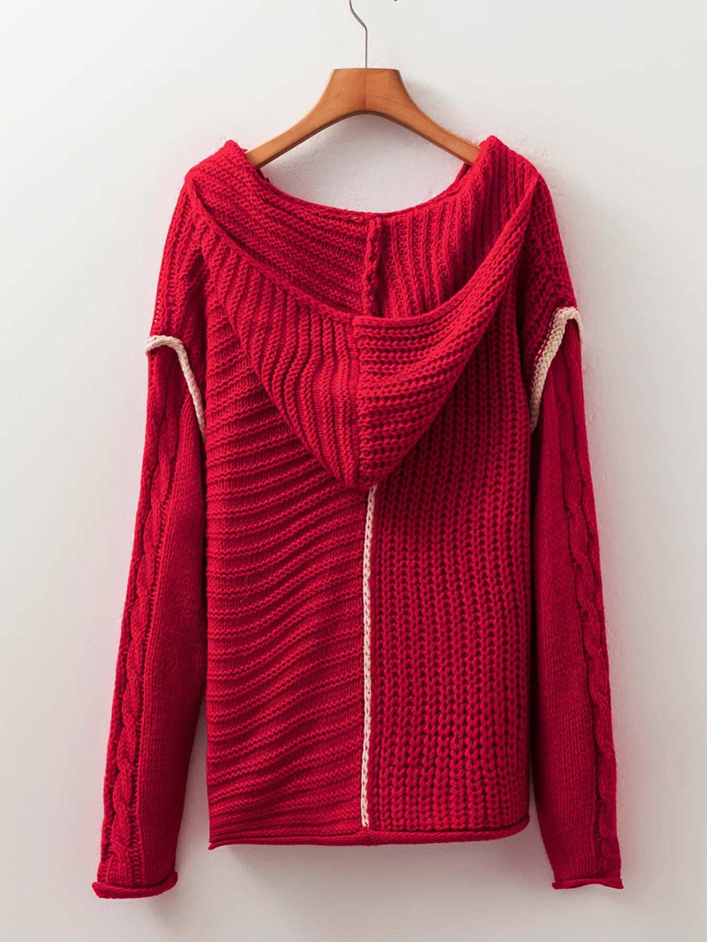 Contrast Trim Textured Knit Drawstring Hooded Sweater - Trendsi - Flyclothing LLC