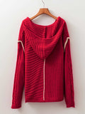 Contrast Trim Textured Knit Drawstring Hooded Sweater - Trendsi - Flyclothing LLC
