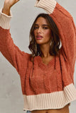 SO ME Chenille Cable Knit V Neck Contrast Cropped Sweater - Trendsi - Flyclothing LLC