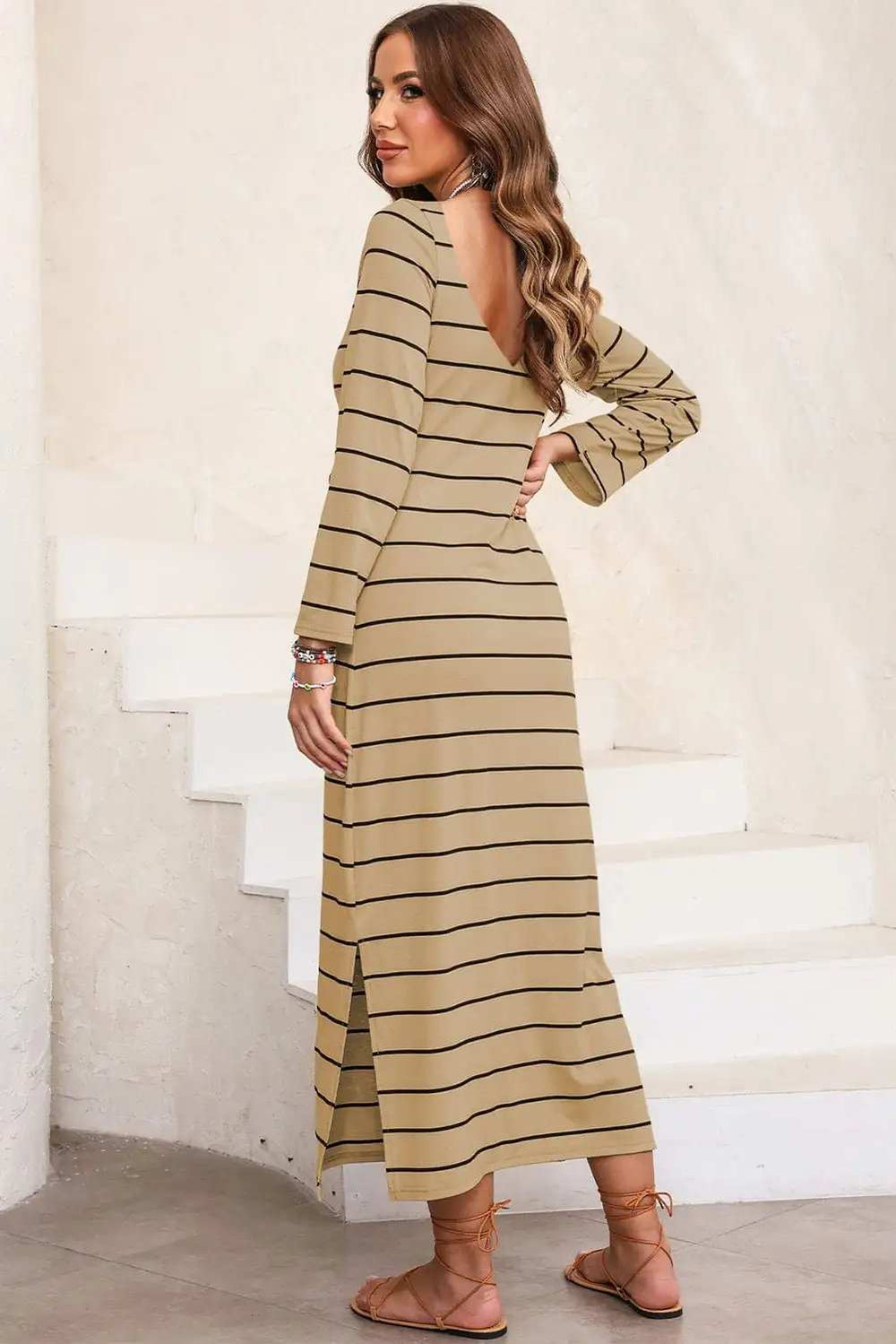 Slit Striped Round Neck Midi Dress - Trendsi - Flyclothing LLC