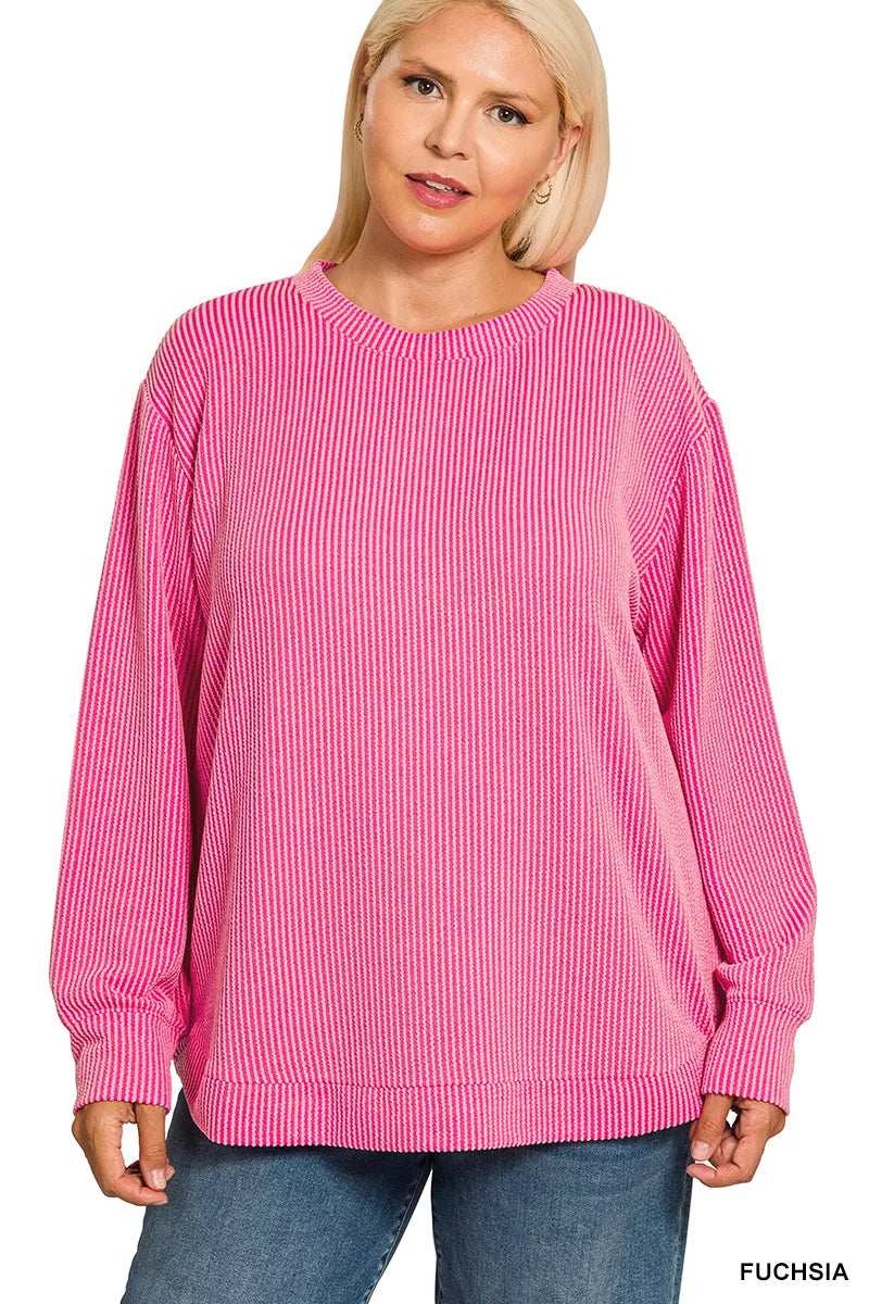 Zenana Full Size Raised Rib Round Neck Long Sleeve Top Plus Size - Trendsi - Flyclothing LLC