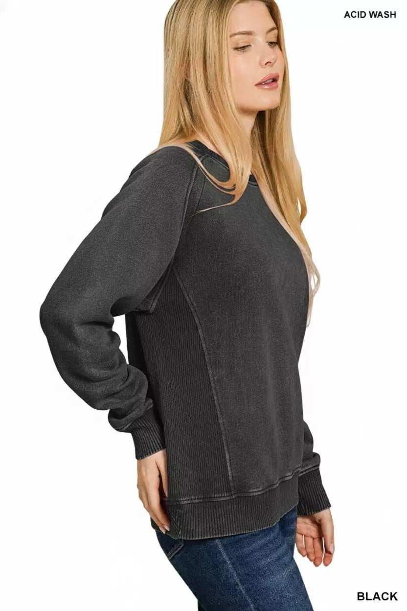 Zenana Acid Washed Fleece Sweatshirt with Side Rib - Trendsi - Flyclothing LLC