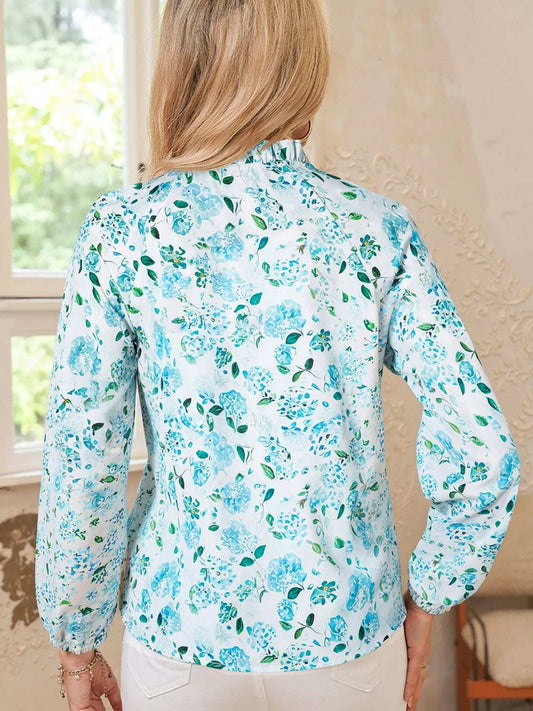 Floral Print Frilled Trim Tie Neck Elastic Cuffs Long Sleeve Blouse - Trendsi - Flyclothing LLC